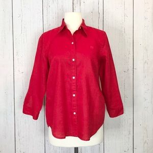 Chaps•100% Linen Red Button Down 3/4 Sleeve Blouse
